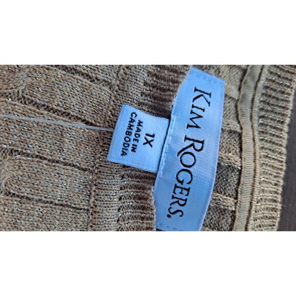 NWT! Women’s KIM ROGERS Tan & Sparkly Gold Cable Knit Crew Sweater -PLUS SIZE 1X - Picture 3 of 6